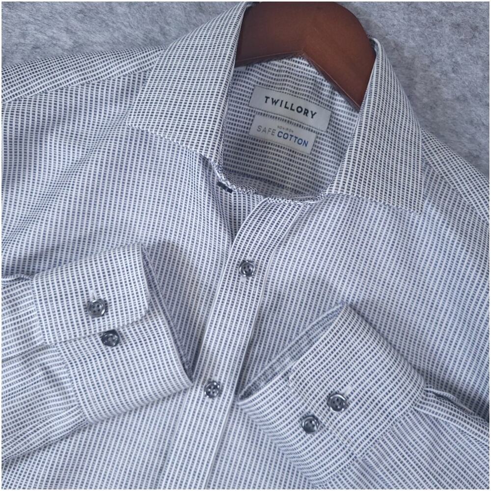 Twillory Non Iron Safe Cotton Dress Shirt Mens 15 34/35 Tailored Fit Micro Grid